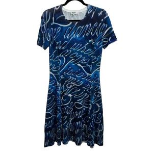 KENZO Blue Knit Graffiti Typography A Line Dress